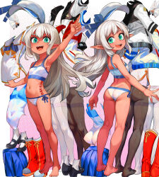 Rule 34 | 2girls, ass, barefoot, bra, check copyright, clothes, commentary request, copyright request, dress, elf, feet, flat chest, full body, green eyes, grey hair, highres, legs, leotard, long hair, looking at viewer, multiple girls, navel, no shoes, open mouth, original, panties, pantyhose, pointing, pointing up, pointy ears, sailor dress, sharp teeth, short dress, siblings, sisters, smile, tan, teeth, thighband pantyhose, toes, tsukiyono aroe, twins, underwear, white dress