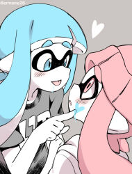 Rule 34 | 2girls, beanie, blue eyes, blue hair, blush, drawing on another&#039;s face, eromame, hat, hood, hoodie, ink, inkling, inkling girl, inkling player character, multiple girls, nintendo, pink eyes, pink hair, saliva, shirt, smile, splatoon (series), t-shirt, tentacle hair, thick eyebrows, tongue, tongue out, yuri