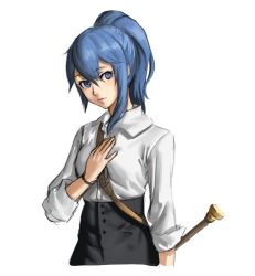 Rule 34 | 1girl, alternate costume, athenawyrm, blue eyes, blue hair, contemporary, fire emblem, fire emblem awakening, long hair, looking at viewer, lucina (fire emblem), nintendo, ponytail, simple background, smile, solo, sword, weapon, white background