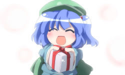 Rule 34 | 1girl, :d, ^ ^, blue hair, closed eyes, closed eyes, facing viewer, female focus, gift, hair bobbles, hair ornament, happy, hat, holding, holding gift, incoming gift, kawashiro nitori, oka (bananashoe), open mouth, pov, ribbon, smile, solo, touhou, two side up, upper body