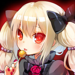 Rule 34 | 1girl, bad id, bad pixiv id, blonde hair, blush, candy, food, hair between eyes, lollipop, long hair, looking at viewer, mvv, original, red eyes, smile, solo, tongue, tongue out, twintails
