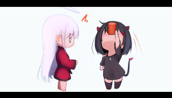 Rule 34 | 2girls, ^^^, ahoge, angel and devil, arm up, bare shoulders, black hair, black legwear, black shirt, blush, can, chibi, demon horns, demon tail, drinking, from side, halo, highres, holding, horns, letterboxed, long hair, looking at another, motion lines, multiple girls, no shoes, off-shoulder shirt, off shoulder, original, profile, shimmer, shirt, short hair, simple background, tail, thighhighs, white background, white hair, zettai ryouiki