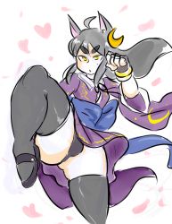 Rule 34 | 1boy, ahoge, androgynous, animal ears, black hair, black panties, black thighhighs, bracelet, bulge, cat boy, cat ears, clenched hand, cowboy shot, crossdressing, eyebrows, eyeshadow, fighting stance, fingerless gloves, gloves, hair ornament, highres, hip focus, japanese clothes, jewelry, kimono, leg up, lipstick, long hair, makeup, male focus, mole, panties, petals, rei (yellow kirby), simple background, solo, thick eyebrows, thick thighs, thighhighs, thighs, trap, underwear, white background, wide hips, yellow eyes, yellow kirby