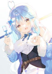 Rule 34 | 1girl, :d, ahoge, backlighting, belt, beret, blouse, blue flower, blue hair, blue jacket, blurry, blurry background, braid, breasts, brown belt, brown eyes, center frills, depth of field, flower, frills, fur-trimmed jacket, fur-trimmed sleeves, fur trim, hair flower, hair ornament, half updo, hat, heart, heart ahoge, holding, hololive, jacket, long hair, long sleeves, looking at viewer, medium breasts, nail polish, off shoulder, open clothes, open jacket, open mouth, pink nails, pointy ears, rattle, shirt, sleeves past wrists, smile, solo, underbust, very long hair, virtual youtuber, white flower, white hat, white shirt, wide sleeves, yuizaki kazuya, yukihana lamy