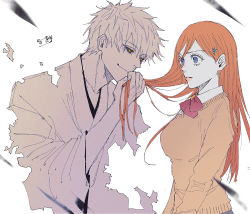 Rule 34 | 1boy, 1girl, bad id, bad pixiv id, black sclera, bleach, blue eyes, brown cardigan, cardigan, colored sclera, hair ornament, hairpin, hetero, highres, holding, holding another&#039;s hair, hollow ichigo, inoue orihime, light smile, lips, looking at another, moccimoccio, orange hair, parted lips, school uniform, standing, upper body, yellow eyes