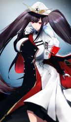 Rule 34 | 1girl, artist name, azur lane, black hair, blue background, blunt bangs, breasts, buttons, cape, commentary, cowboy shot, double-breasted, dress, fur-trimmed cape, fur trim, gloves, hachimitsu hinako, hand up, hat, highres, huge breasts, layered dress, long dress, long hair, looking at viewer, military, military hat, military uniform, multicolored clothes, multicolored dress, parted lips, peaked cap, peter strasser (azur lane), red eyes, sidelocks, smile, solo, standing, twintails, uniform, very long hair, white cape, white dress, white gloves, white hat, wind, wind lift