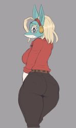 Rule 34 | 1girl, ass, black pants, blonde hair, blouse, blue eyes, boku no hero academia, breasts, cooliehigh, curvy, from behind, furry, grey background, hairband, highres, huge ass, huge breasts, ippan josei, long hair, looking back, pants, red shirt, shirt, solo, thick thighs, thighs, tight clothes, tight pants, wide hips
