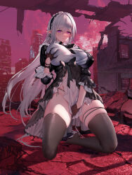 Rule 34 | 1girl, black bow, black dress, black gloves, black hairband, black thighhighs, bow, breasts, building, city, closed mouth, closers, commentary request, covering privates, covering crotch, deep skin, dress, frilled hairband, frills, full moon, gloves, grabbing own breast, hair between eyes, hairband, half gloves, highres, huge moon, kneeling, large breasts, levia (closers), long hair, looking at viewer, moon, no pupils, no shoes, outdoors, pointy ears, post-apocalypse, purple eyes, red moon, ruins, shirt, skindentation, sleeves past elbows, solo, swd3e2, tearing up, thigh strap, thighhighs, very long hair, white hair, white shirt