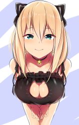 Rule 34 | 1girl, bad id, bad twitter id, bare shoulders, bell, black bra, blonde hair, blue eyes, blush, bow, bra, breasts, cat cutout, cat lingerie, choker, cleavage, cleavage cutout, clothing cutout, collarbone, commentary request, cowboy shot, foreshortening, frilled bra, frills, hair between eyes, hair bow, highres, jingle bell, large breasts, leaning forward, long hair, looking at viewer, meme attire, neck bell, original, shinomu (cinomoon), smile, solo, underwear, underwear only