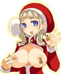 Rule 34 | 1girl, bad id, bad nicoseiga id, bell, blonde hair, blue eyes, breastless clothes, breasts, center opening, hat, highres, inverted nipples, large breasts, md5 mismatch, mota, nipple piercing, nipple rings, nipples, open mouth, original, piercing, santa costume, santa hat, smile, solo, upper body