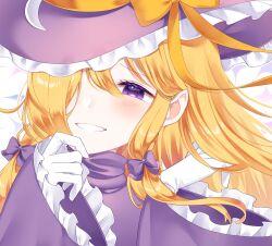 Rule 34 | 1girl, blonde hair, bow, crescent, dress, frilled hat, frilled sleeves, frills, gloves, hair over one eye, hand on own chin, hat, hat bow, highres, kirisame marisa, kirisame marisa (pc-98), long hair, long sleeves, milll 77, phantasmagoria of dim.dream, purple dress, purple eyes, purple hat, ribbon, smile, solo, touhou, touhou (pc-98), turtleneck, white gloves, wide sleeves, witch hat