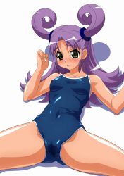 Rule 34 | 00s, 1girl, absurdres, cameltoe, cleft of venus, competition school swimsuit, covered erect nipples, highres, kazamatsuri rinna, one-piece swimsuit, school swimsuit, simple background, solo, spread legs, sugimura tomokazu, swimsuit, uchuu no stellvia