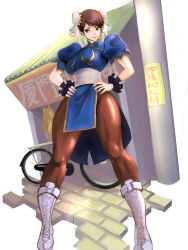 Rule 34 | 1girl, bicycle, blue dress, boots, bracelet, breasts, brown eyes, brown hair, brown pantyhose, bun cover, capcom, china dress, chinese clothes, chun-li, cross-laced footwear, double bun, dress, earrings, food stand, full body, hair bun, hair pulled back, hands on own hips, head tilt, highres, jewelry, large breasts, medium breasts, meke (77842928), pantyhose, pelvic curtain, puffy short sleeves, puffy sleeves, sash, short sleeves, side slit, smile, solo, spiked bracelet, spikes, standing, street fighter, utility pole, white footwear