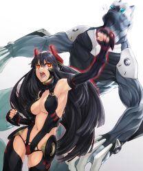 Rule 34 | 1girl, armpits, ayaki, bad id, bad pixiv id, bare shoulders, black hair, breasts, center opening, large breasts, leotard, long hair, motion blur, muscular, navel, open mouth, original, punching, red eyes, uppercut