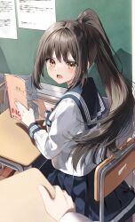 Rule 34 | 1girl, 1other, black hair, black sailor collar, black skirt, blush, brown eyes, chair, commentary request, desk, highres, holding, indoors, long hair, looking at viewer, looking to the side, on chair, open mouth, original, pentagon (railgun ky1206), pleated skirt, ponytail, sailor collar, school chair, school desk, school uniform, serafuku, shirt, sitting, skirt, sweat, very long hair, white shirt