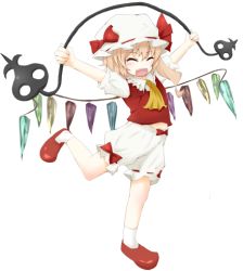 Rule 34 | 1girl, arms up, ascot, bad id, bad pixiv id, blonde hair, bloomers, blush, closed eyes, female focus, flandre scarlet, full body, hat, laevatein, lowres, madhand, midriff, no pants, open mouth, outstretched arms, running, shirt, side ponytail, solo, embodiment of scarlet devil, touhou, transparent background, underwear, wings