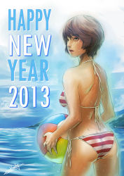 Rule 34 | 10s, 1girl, 2013, ass, back, ball, beachball, bikini, brown eyes, brown hair, deathwingxiii, from behind, happy new year, lips, new year, nose, original, parted lips, side-tie bikini bottom, solo, striped bikini, striped clothes, swimsuit, wet