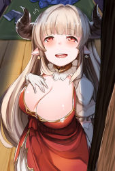 Rule 34 | 10s, 1girl, :d, abi (abimel10), alicia (granblue fantasy), blush, breasts, cleavage, cross, cross earrings, draph, dress, earrings, flying sweatdrops, gloves, granblue fantasy, hand on own chest, highres, horns, jewelry, large breasts, long hair, looking at viewer, open mouth, red eyes, silver hair, smile, solo, suggestive fluid, white gloves