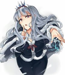 Rule 34 | breasts, cape, cleavage, crown, highres, idolmaster, idolmaster (classic), large breasts, long hair, looking at viewer, magic, open mouth, purple eyes, shijou takane, silver hair, simple background, solo, tuxedo de cat, white background