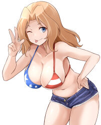 1girl ;p american_flag american_flag_bikini american_flag_print bikini blue_eyes breasts cleavage cutoffs denim denim_shorts flag_print girls_und_panzer hair_intakes hand_on_own_hip highres kay_(girls_und_panzer) kitayama_miuki large_breasts leaning_forward micro_shorts navel one_eye_closed open_fly panties panty_peek print_bikini shorts simple_background solo stomach swimsuit thighs tongue tongue_out underwear w white_background