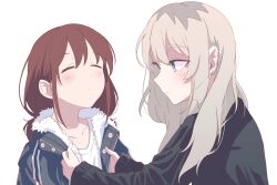 Rule 34 | 2girls, absurdres, black jacket, black sweater, blush, closed eyes, closed mouth, dressing another, earclip, girls band cry, goodboy (0gizen), grey eyes, highres, iseri nina, jacket, kawaragi momoka, light brown hair, long hair, looking at another, multicolored hair, multiple girls, open clothes, open jacket, red hair, roots (hair), shirt, short twintails, simple background, sweater, twintails, upper body, white background, white shirt