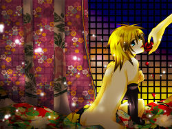 Rule 34 | androgynous, arm warmers, bed sheet, blonde hair, blue eyes, curtains, flower, gender request, kagamine len, male focus, mouth hold, nail polish, nude, ousa, rose, vocaloid, window