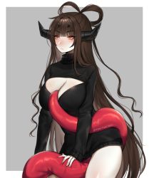 Rule 34 | 1girl, black sweater, blush, border, breasts, brown hair, cleavage cutout, closed mouth, clothing cutout, commentary, contrapposto, cowboy shot, dress, english commentary, grey background, highres, horns, huge breasts, long hair, long sleeves, multiple horns, original, pale skin, redrawn, shiny clothes, shukumei (terupancake), simple background, solo, standing, sweater, sweater dress, tentacles, tentacles under clothes, terupancake, twitter username, very long hair, white border