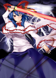 Rule 34 | 1girl, blue hair, breasts, circussion, female focus, frills, hat, highres, nagae iku, red eyes, solo, sword, touhou, weapon