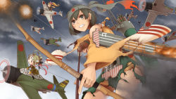 Rule 34 | 10s, 1girl, aircraft, airplane, archery, arrow (projectile), bad id, bad pixiv id, bow (weapon), breasts, brown eyes, brown hair, burnt clothes, fairy (kancolle), flight deck, gloves, hachimaki, headband, hiryuu (kancolle), japanese clothes, kantai collection, kyuudou, medium breasts, partially fingerless gloves, partly fingerless gloves, pectong, quiver, remodel (kantai collection), short hair, single glove, skilled pilot (kancolle), skirt, tomonaga (fairy), tomonaga squadron pilot (kancolle), torpedo, type 99 dive bomber (skilled), weapon, yugake