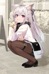 Rule 34 | 1girl, absurdres, animal ear fluff, bag, black bag, black footwear, black skirt, blush, bow, braid, brown pantyhose, commentary request, extra ears, grey skirt, hair between eyes, hair bow, highres, jacket, jewelry, long hair, long sleeves, looking at viewer, miniskirt, nail polish, original, outdoors, pantyhose, plaid, plaid scarf, purple eyes, purple nails, ring, scarf, sidelocks, silver hair, skirt, smile, solo, squatting, takehana note, thigh strap, two-tone skirt, v, very long hair, white jacket