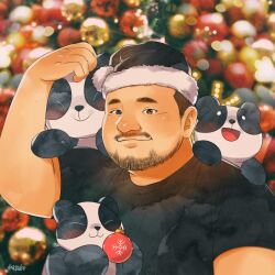 Rule 34 | 1boy, affectionate, bara, beard, black hat, daisukebear, facial hair, fat, fat man, hat, highres, looking at viewer, male focus, mature male, mustache stubble, original, panda, photo-referenced, santa hat, shirt, short hair, sideburns, sideburns stubble, smile, solo, stubble, t-shirt, thick eyebrows, upper body