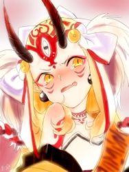 Rule 34 | 1girl, artist request, bare shoulders, blonde hair, blush, breasts, collarbone, earrings, eyeliner, facial mark, fangs, fate/grand order, fate (series), forehead, forehead mark, hair pulled back, hair ribbon, horns, ibaraki douji (fate), japanese clothes, jewelry, kimono, long hair, looking to the side, makeup, off shoulder, oni, oni horns, open mouth, pointy ears, ribbon, sash, slit pupils, small breasts, tattoo, tearing up, white ribbon, yellow eyes, yellow kimono