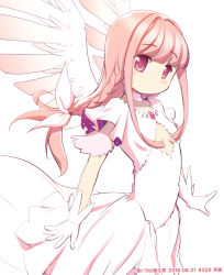 Rule 34 | 1girl, arms at sides, blunt bangs, bow, braid, breasts, chauke, choker, cleavage cutout, closed mouth, clothing cutout, collarbone, cosplay, dot nose, dress, gloves, hair bow, kaname madoka, layered dress, layered sleeves, light blush, light smile, long dress, long hair, looking at viewer, low-tied long hair, magia record: mahou shoujo madoka magica gaiden, mahou shoujo madoka magica, pink eyes, pink hair, pink wings, sidelocks, simple background, small breasts, solo, tamaki iroha, ultimate madoka, ultimate madoka (cosplay), underboob, upper body, white background, white bow, white choker, white dress, white gloves, wide sleeves, wings