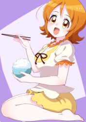 Rule 34 | 1girl, :o, bowl, brown eyes, brown hair, chopsticks, commentary request, eating, eyelashes, food, happinesscharge precure!, happy, holding, holding chopsticks, oomori yuuko, open mouth, osarutukamaeru, precure, rice, rice bowl, short hair, sitting, skirt, smile, solo, yellow skirt
