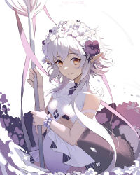 Rule 34 | 1girl, absurdres, arknights, bare shoulders, breasts, casual one-piece swimsuit, closed mouth, cowboy shot, crocodilian tail, fled, flower, hair flower, hair ornament, highres, holding, holding staff, looking at viewer, official alternate costume, one-piece swimsuit, orange eyes, pointy ears, purple flower, short hair with long locks, sidelocks, silver hair, simple background, small breasts, smile, solo, staff, swimsuit, tail, tomimi (arknights), tomimi (silent night) (arknights), underboob, white background, white flower, white one-piece swimsuit, wrist cuffs