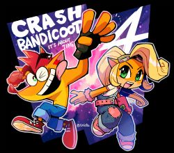 Rule 34 | belt, blonde hair, body fur, coco bandicoot, crash bandicoot, crash bandicoot (series), denim, english text, fingerless gloves, gloves, goggles, goggles on head, green eyes, highres, jeans, looking at viewer, one eye closed, open mouth, overalls, pants, patch, rariatto (ganguri), red footwear, shirt, smile, tongue, tongue out, white shirt, wristband