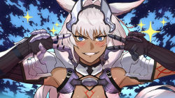 Rule 34 | 1girl, animal ears, armor, beppu mitsunaka, bikini, bikini top only, black gloves, blue background, blue eyes, blush, body markings, breasts, caenis (fate), dark-skinned female, dark skin, double v, elbow gloves, emotional engine - full drive, fate/grand order, fate (series), gauntlets, gloves, grin, hair intakes, hairband, hands up, headpiece, highres, large breasts, long hair, looking at viewer, parody, pauldrons, ponytail, shoulder armor, smile, solo, sparkle, splashing, swimsuit, tattoo, v, very long hair, water, white bikini, white hair