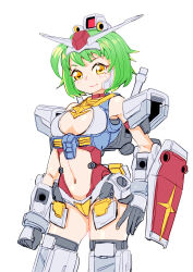 Rule 34 | 1girl, 30 minutes sisters, absurdres, ag 00000, arm shield, bandai, blush, boots, breasts, clothing cutout, company connection, gloves, green hair, grey gloves, gundam, highres, humanization, mecha musume, medium breasts, midriff, mobile suit gundam, navel, orange eyes, rx-78-2, short hair, smile, solo, stomach cutout, thigh boots, thrusters, v-fin