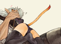 Rule 34 | 00s, 1boy, 1girl, animal ears, ass, cat ears, cat girl, cat tail, doraeshi, elf, elvaan, final fantasy, final fantasy xi, from behind, hand on another&#039;s head, lying on person, mithra (ff11), pointy ears, short hair, simple background, size difference, tail, thighs, white hair