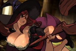 Rule 34 | 1girl, alex ahad, bare shoulders, breasts, cleavage, detached sleeves, dragon&#039;s crown, dress, hat, huge breasts, lipstick, long hair, makeup, red eyes, red hair, signature, solo, sorceress (dragon&#039;s crown), staff, witch hat