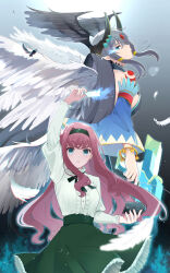 Rule 34 | 2girls, absurdres, arm up, bell, black wings, blue eyes, bracelet, brown hair, card, cardfight!! vanguard: overdress, character request, feathered wings, feathers, gradient background, green headband, green skirt, grey background, grey hair, gun, head wings, headband, highres, holding, holding card, holding gun, holding weapon, horns, jewelry, jingle bell, long hair, long sleeves, minae mirei, motakusan (ja1ddp), multiple girls, pointy ears, shoulder tattoo, sidelocks, skirt, standing, tattoo, weapon, white wings, wings