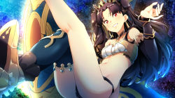 Rule 34 | 1girl, anklet, armlet, asymmetrical legwear, asymmetrical sleeves, bad id, bad pixiv id, bare shoulders, black hair, blush, breasts, bridal gauntlets, crown, detached collar, earrings, elbow gloves, fate/grand order, fate (series), gloves, grin, hair ribbon, highres, hoop earrings, ishtar (fate), jewelry, long hair, long legs, looking at viewer, medium breasts, navel, neck ring, parted bangs, red eyes, redlammy, ribbon, shoes, sidelocks, single elbow glove, single thighhigh, smile, solo, thighhighs, two side up, uneven legwear, uneven sleeves