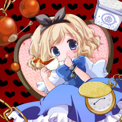 Rule 34 | 1girl, alice margatroid, alice margatroid (pc-98), annotated, blonde hair, blue eyes, blush, bow, chain, chair, dress, female focus, frilled dress, frills, futami yayoi, hair bow, hair ornament, hairband, heart, highres, mystic square, pocket watch, spoon, stopwatch, touhou, touhou (pc-98), watch