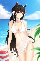 Rule 34 | 1girl, animal ears, artist request, atago (azur lane), atago (summer march) (azur lane), azur lane, beach, bikini, black hair, blue sky, breasts, brown eyes, choker, cleavage, collarbone, cowboy shot, day, flower, front-tie bikini top, front-tie top, gluteal fold, hair flower, hair ornament, hair ribbon, highres, horizon, large breasts, long hair, navel, outdoors, parted lips, ribbon, sky, solo, sunlight, swimsuit, thigh gap, very long hair, white bikini, wrist ribbon