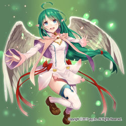 Rule 34 | 1girl, 2017, :d, ahoge, blue eyes, bow, breasts, brown footwear, capelet, dress, feathered wings, floating hair, gabiran, green background, green hair, loafers, long hair, long sleeves, open mouth, outstretched arms, outstretched hand, pointy ears, red bow, revolve, shoes, short dress, small breasts, smile, solo, thighhighs, very long hair, white dress, white thighhighs, white wings, wings
