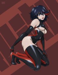 Rule 34 | 1girl, bare shoulders, black hair, blue eyes, boots, breasts, elbow gloves, flannaganthered, full body, gloves, high heel boots, high heels, highres, kill la kill, kneeling, lips, looking at viewer, matoi ryuuko, medium breasts, multicolored hair, red hair, short hair, solo, thigh boots, thighhighs, underboob