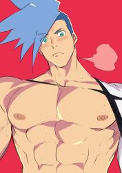 Rule 34 | 1boy, abs, absurdres, asymmetrical hair, blue hair, blush, breath, closed mouth, galo (promare), green eyes, haiki (tegusu), highres, igote, looking at viewer, male focus, nipples, pectorals, promare, red background, sidecut, simple background, solo, spiked hair, sweat, undercut