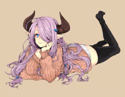 Rule 34 | 10s, 1girl, alternate costume, ass, bad id, bad pixiv id, beige background, black thighhighs, blue eyes, braid, breasts, closed mouth, demon horns, draph, full body, granblue fantasy, hair ornament, hair over one eye, head rest, horns, large breasts, light purple hair, long hair, long sleeves, looking at viewer, lying, narmaya (granblue fantasy), no pants, no shoes, on stomach, panties, pink lips, pointy ears, purple hair, ribbed sweater, simple background, smile, solo, sweater, the pose, thighhighs, underwear, white panties, yoshiharuman