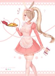Rule 34 | 1girl, :o, ?, animal ears, apron, artist name, blonde hair, blush, breasts, brown eyes, brown hair, deviantart logo, dress, feet out of frame, highres, holding, instagram logo, ketchup, ketchup bottle, large breasts, long hair, long sleeves, looking at viewer, maid, original, pink apron, pink dress, pink thighhighs, ponytail, puppypaww, rabbit ears, solo, thighhighs, twitter logo, valentine, waitress