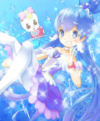 Rule 34 | 10s, 1girl, alternate form, bad id, bad pixiv id, ballerina, blue background, blue eyes, blue hair, blue skirt, blue theme, bow, brooch, choker, creature, crown, cure princess, cure princess (sherbet ballet), dress, earrings, grin, hair bun, happinesscharge precure!, heart, heart brooch, jewelry, long hair, magical girl, masatome, pantyhose, pink bow, precure, ribbon (happinesscharge precure!), shirayuki hime, single hair bun, skirt, smile, strapless, strapless dress, twintails, white pantyhose, wing brooch